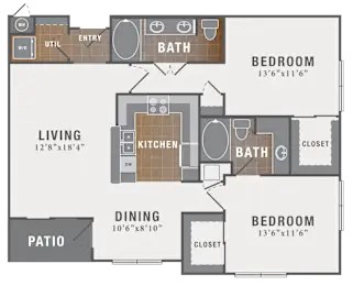 Floor plan for 2 beds, 2 baths, 1144 sqft